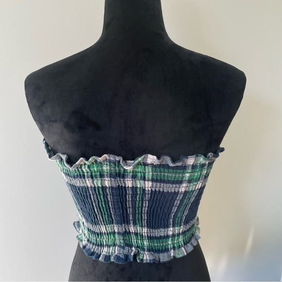 LF Furst of a Kind Blue Green Plaid Smocked Ruffle Trim Tube Top EUC One Size - Picture 3 of 6